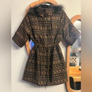 Brown Houndstooth Coat with Real Fur Trim by Touch
